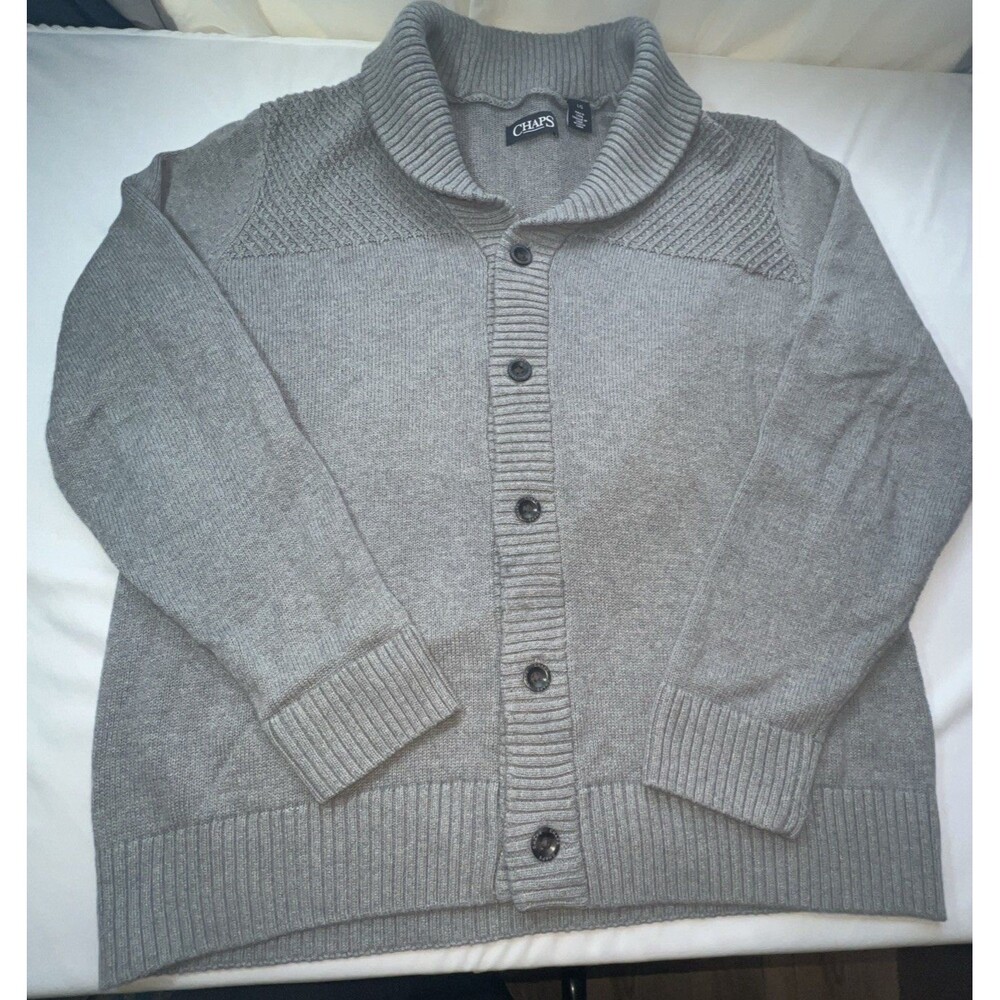 Chaps Cardigan Mens Large Gray Shawl Neck Sweater 100% Cotton Button
